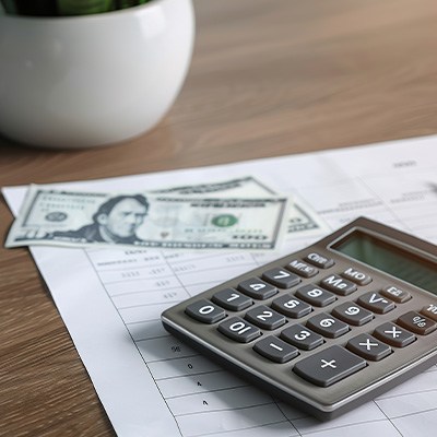 Model tooth on desk next to dollar bills and a calculator